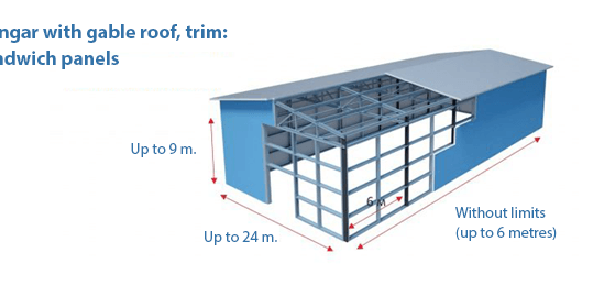 Hangar with gable roof, trim: sandwich panels