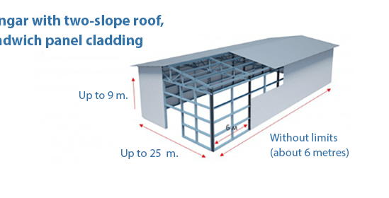Hangar with two-slope roof, sandwich panel cladding